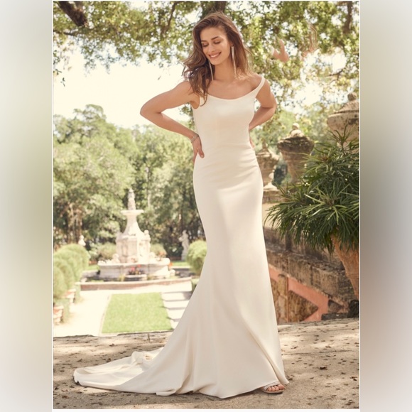 Bevan by Maggie Sottero, Ivory with Pewter Accent, Crepe Wedding Dress - Picture 4 of 11